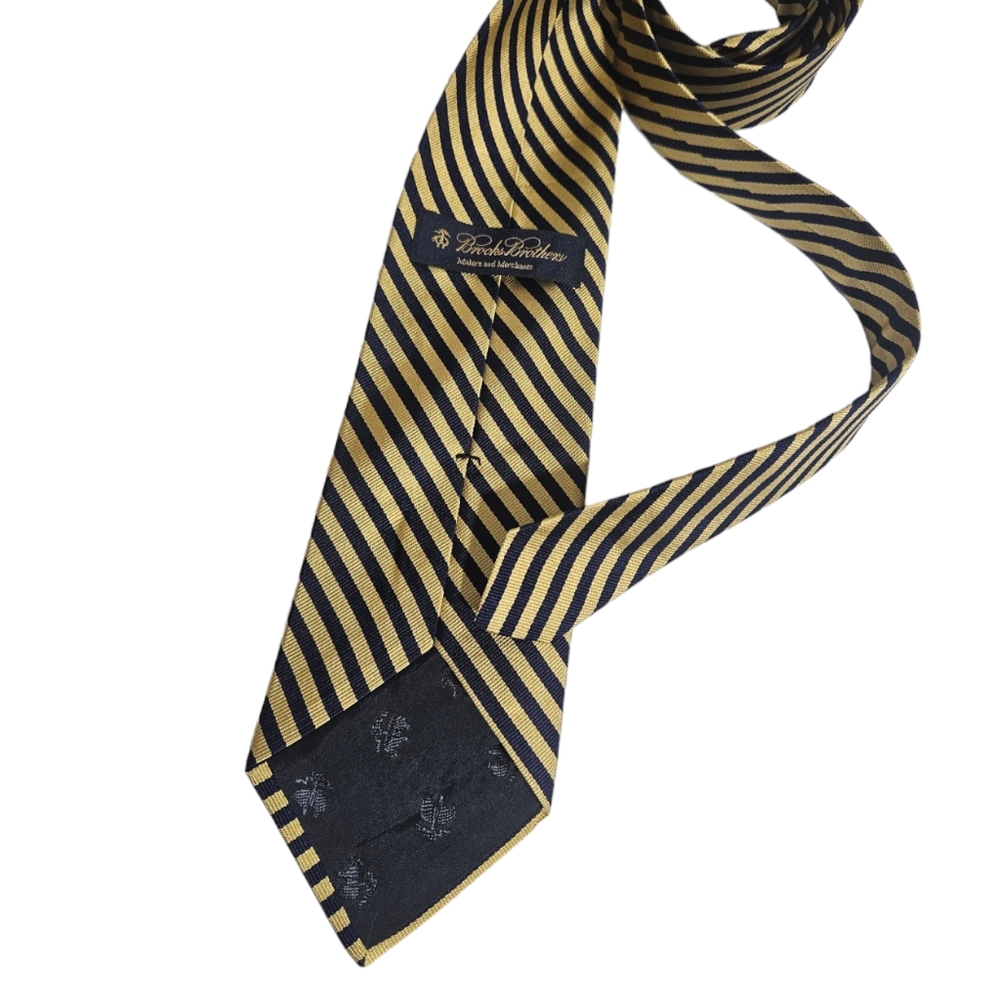 BROOKS BROTHERS Navy/Gold Striped Silk DESIGNER Tie USA - Picture 2 of 4